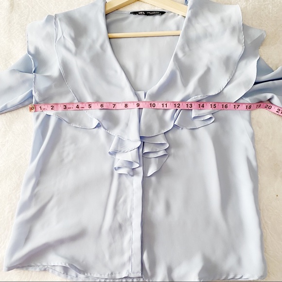 Zara Soft Blue Ruffle Neck Button Down Flared Sleeve Blouse - Picture 7 of 11